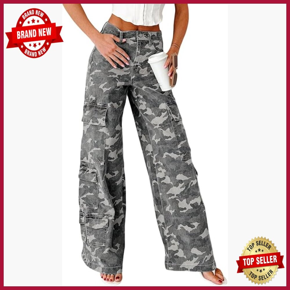 Wide Leg Cargo Jeans Distressed Camo Print Mid Rise Cotton Blend
